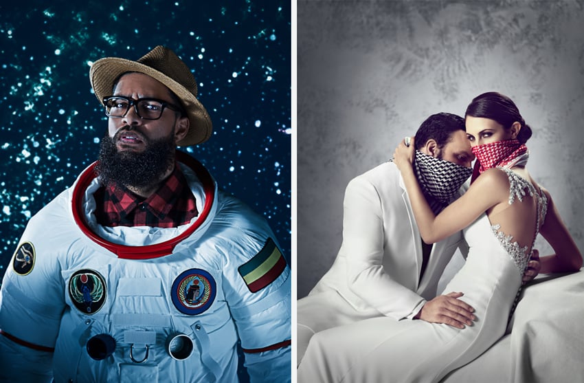 A diptych of photos by Cade Martin for Woolly Mammoth. On the left is a photo of a man wearing a straw fedora, glasses, and a black and red flannel button-down shirt. Over his clothes, he wears an astronaut suit that has ancient Egyptian-themed patches on it. He stands against a starry galaxy background and has a confused and concerned expression on his face and looks directly at the camera. On the right is a photo of a couple, dressed formally and in white, sitting and caressing each other. The man's gaze is towards the woman, and the woman looks directly at the camera. Both people have handkerchiefs tied around the lower halves of their faces.